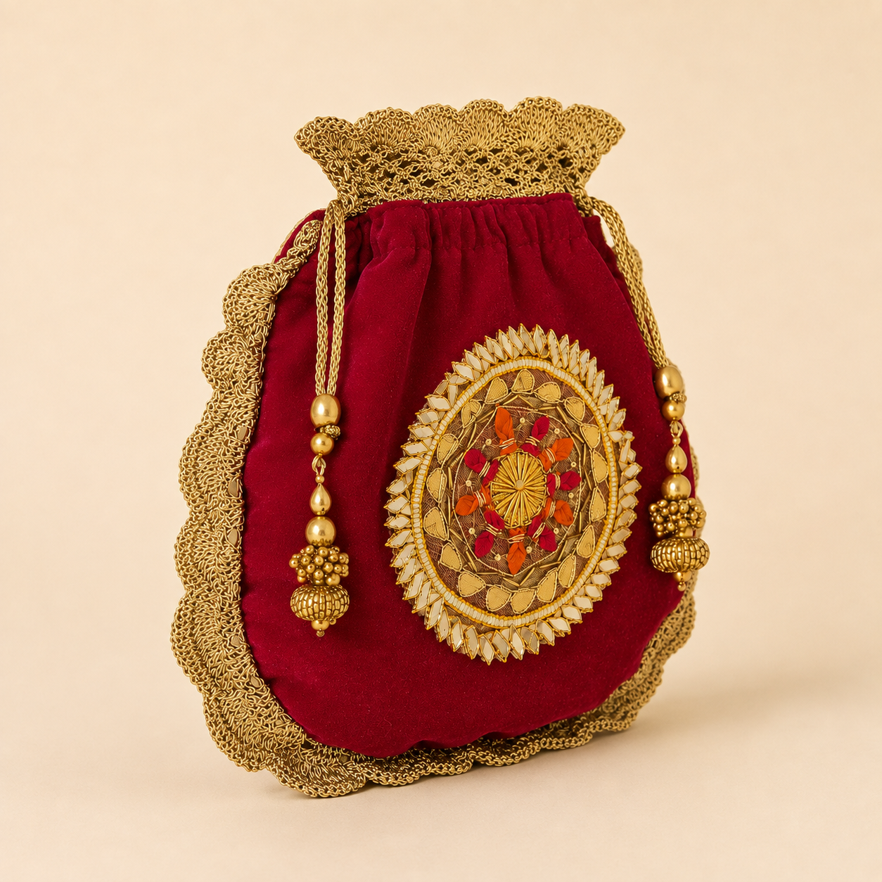 Ruby velvet and gold zari potli with gota medallion